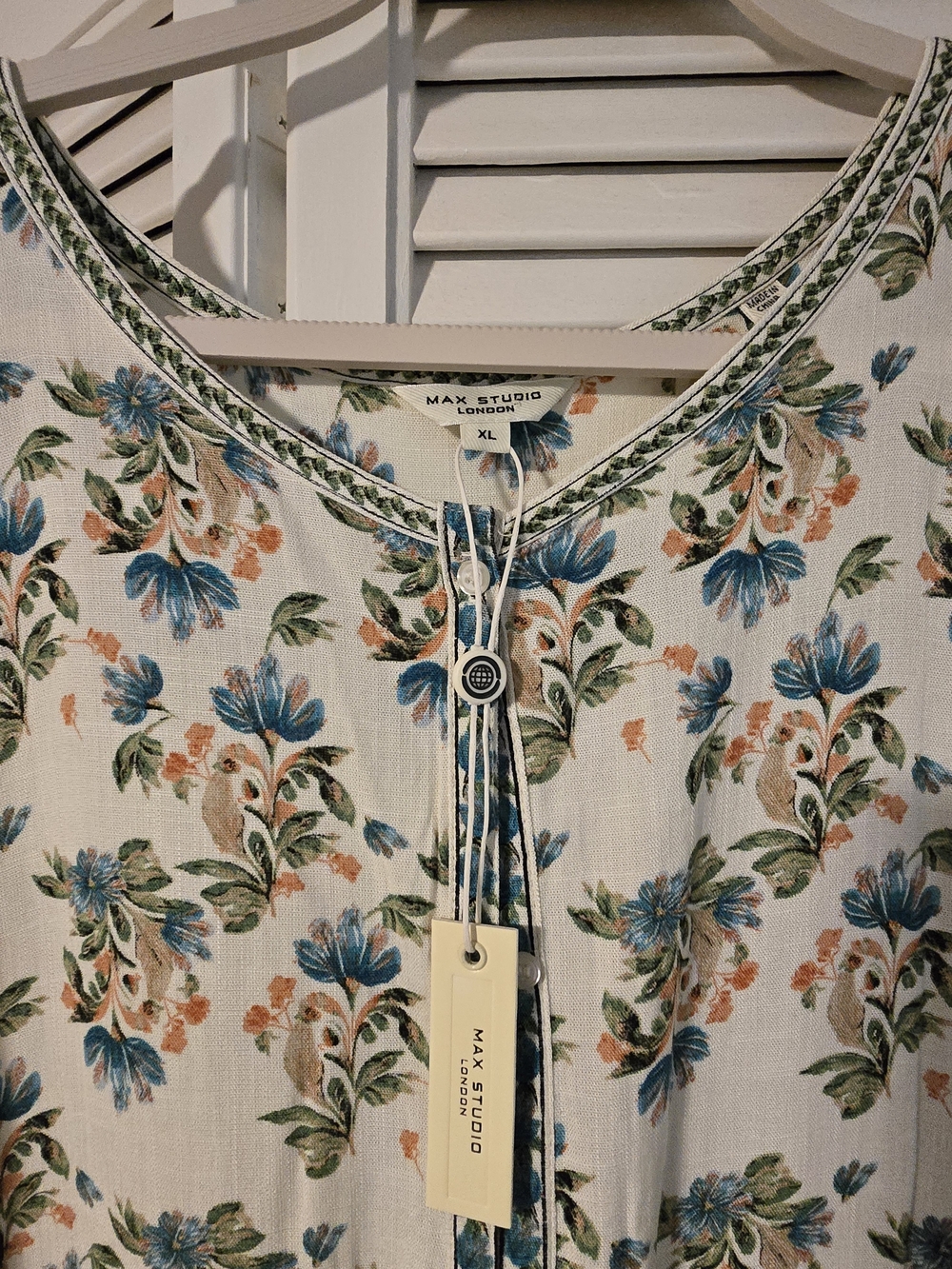 Max Studio Floral Maxi Dress in White with Blue and Green Print